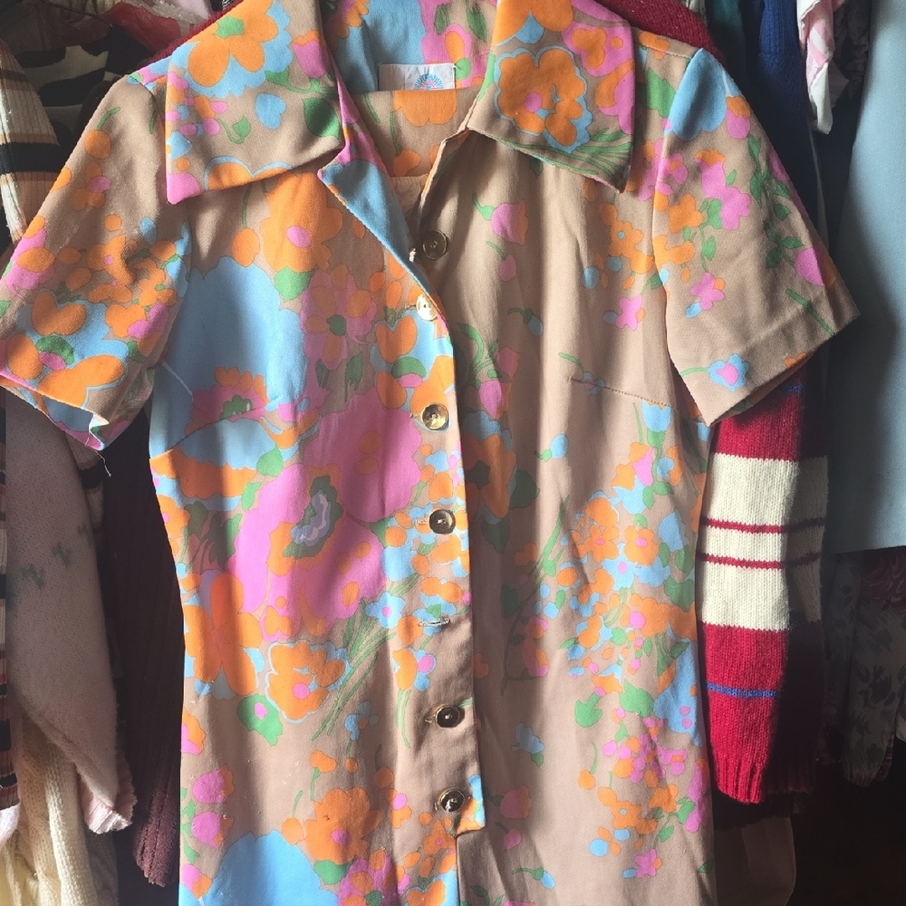 Vintage Floral Button-Front Short Sleeve Dress
